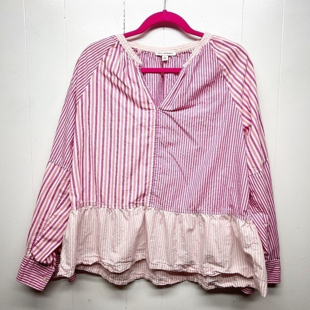 Free Assembly Striped Long Sleeve Ruffle Hem Womens Cotton Top Size XL Pullover - Picture 2 of 12